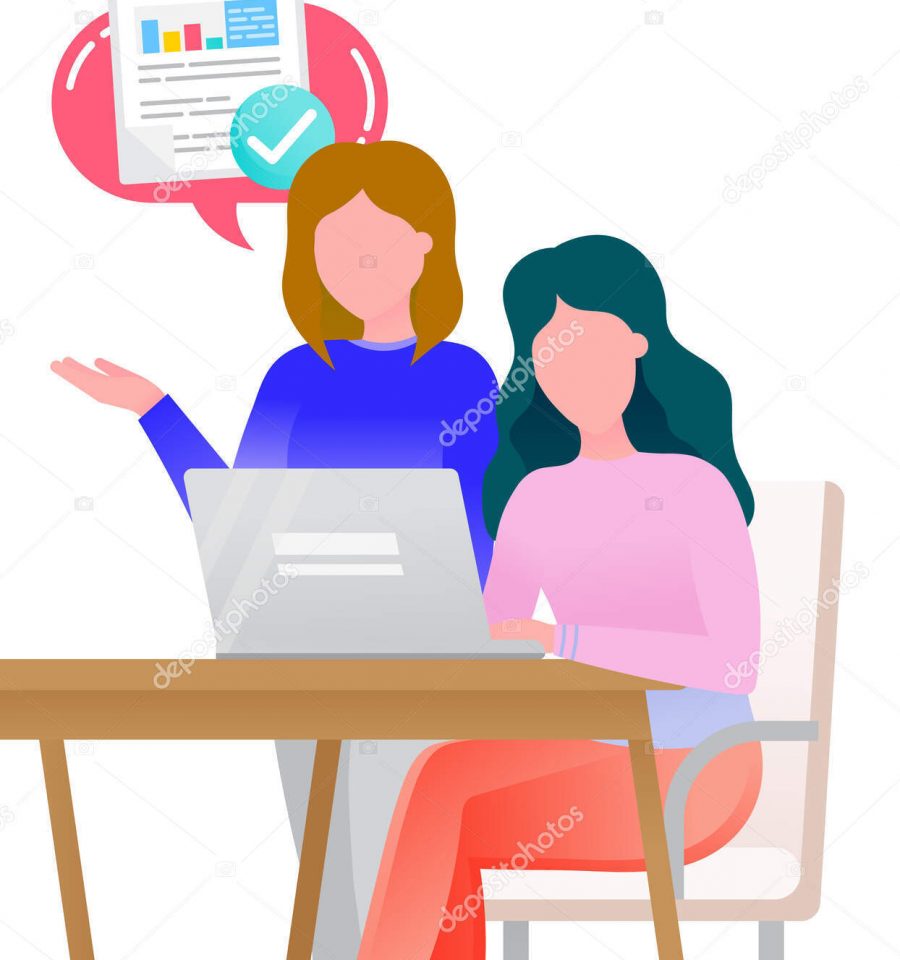 Manager and office worker have business appointment. People on meeting discussing about strategy and project planning. Two women working on laptop on new startup. Vector illustration in flat style